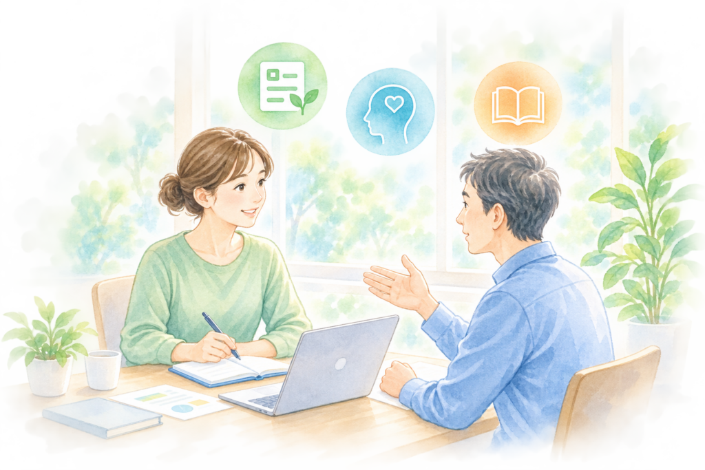 記録やツールを囲みながら支援について考えるイメージ