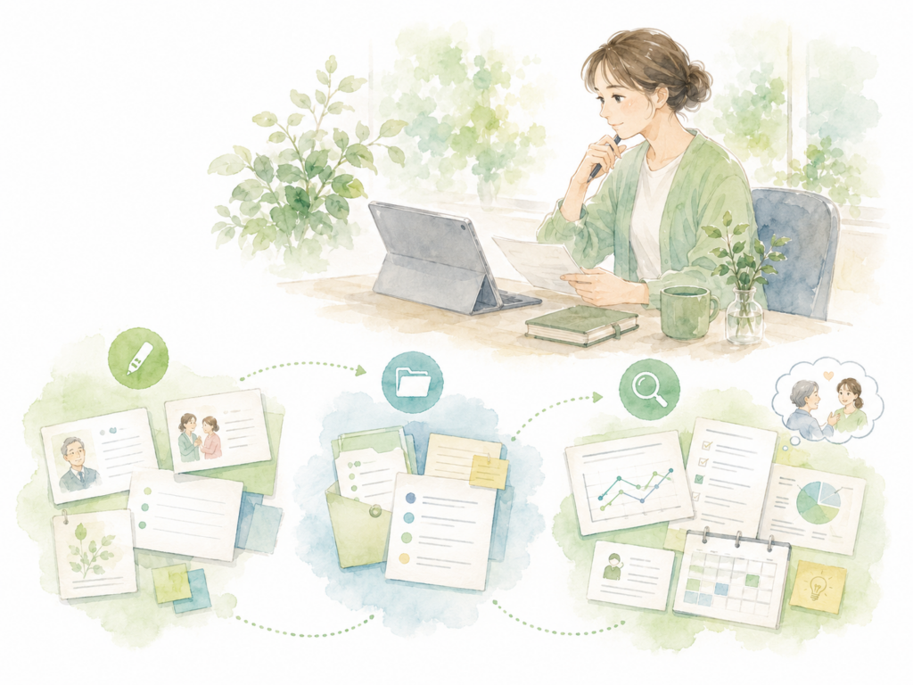 記録を整理し、振り返りながら次の支援を考える流れのイメージ